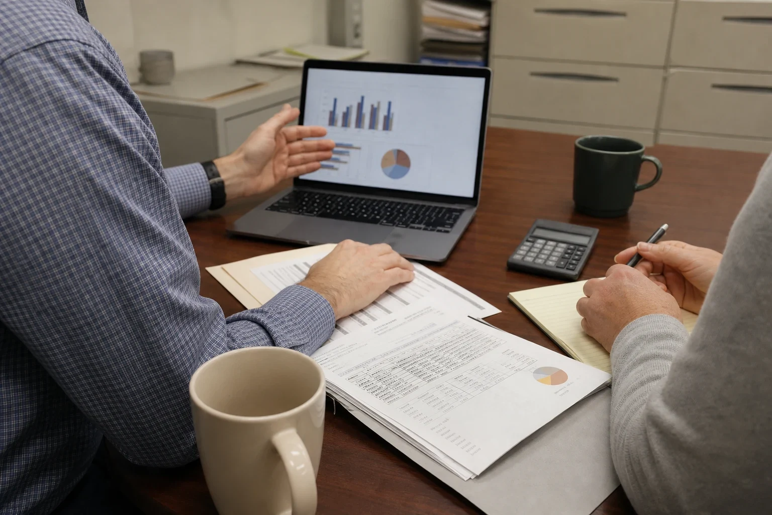 Two people at an office desk reviewing financial documents, a laptop showing bar and pie charts, a calculator, notepad and coffee mugs, with filing drawers behind