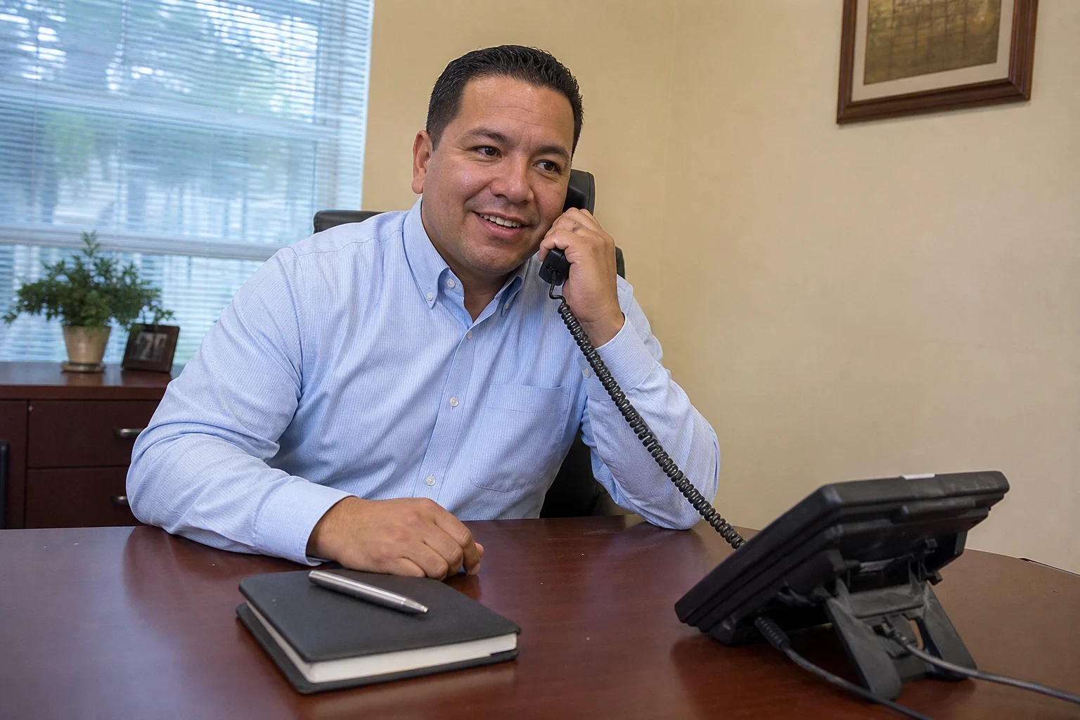 Smiling agent in a light blue shirt talks on a corded desk phone at a wooden desk with a closed notebook and pen, window blinds and a plant behind him