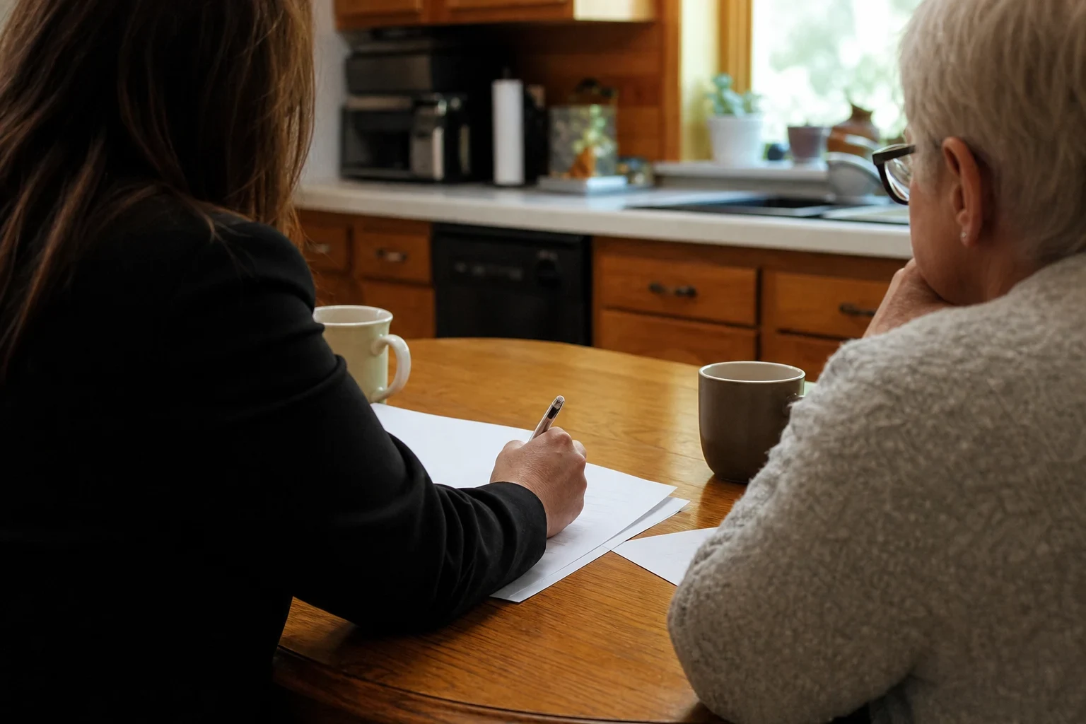 Agent in a black top writing on blank papers at a wooden kitchen table beside an older woman in glasses and a gray sweater, coffee mugs on the table