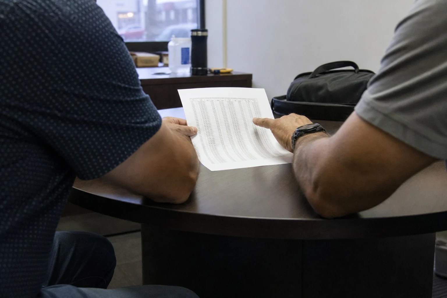 Two men seated at a small round dark wood table reviewing a printed page of numeric columns, one pointing at the figures, with a window and side cabinet behind