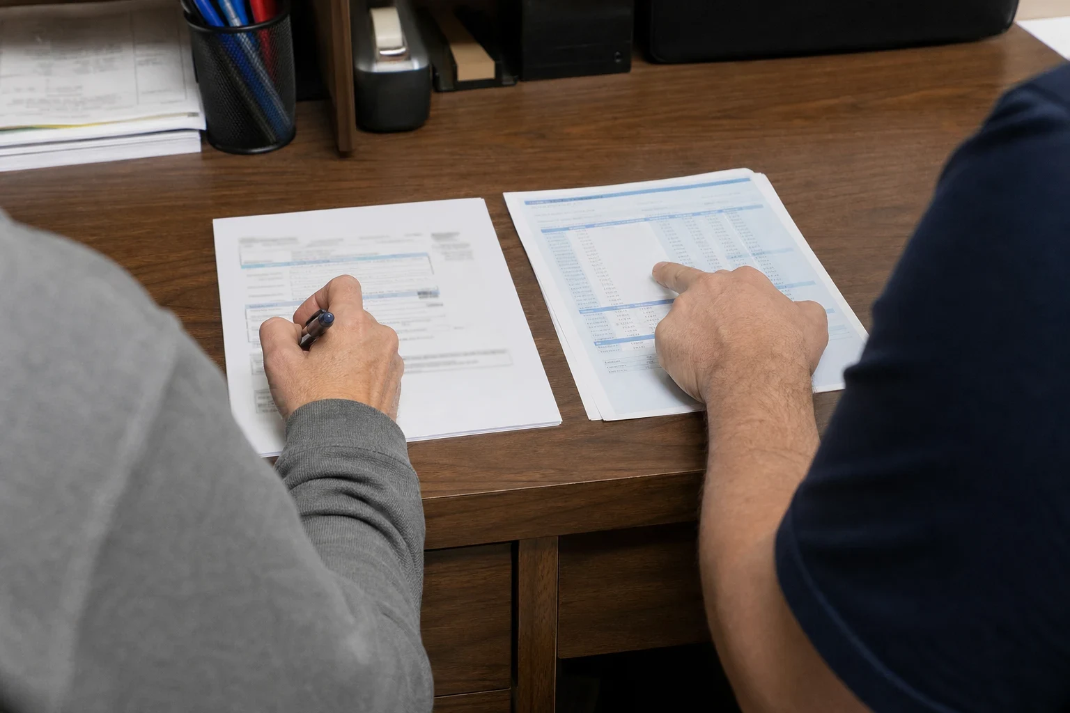 Two people at a wooden office desk comparing two documents side by side, one holding a pen and the other pointing to a table of figures